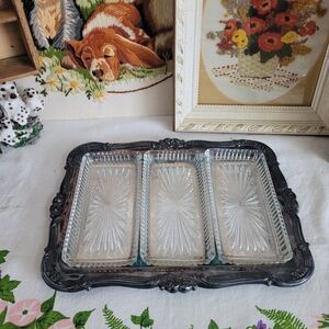 Vintage Silverplate Ornate Etched Serving Tray With Glass Dishes Viking Canada